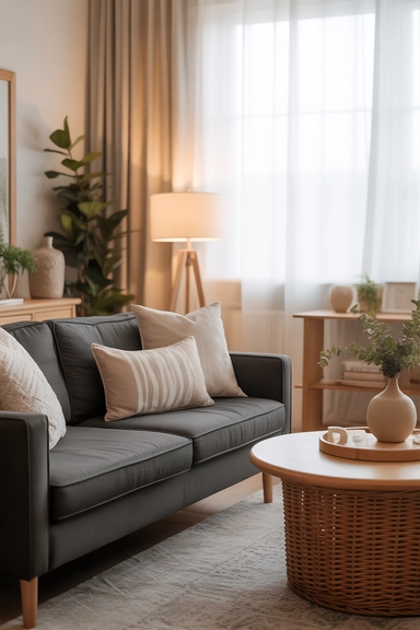 serene living room centered around a dark grey couch with warm beige tones,