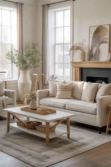 A serene modern farmhouse living room with warm white walls
