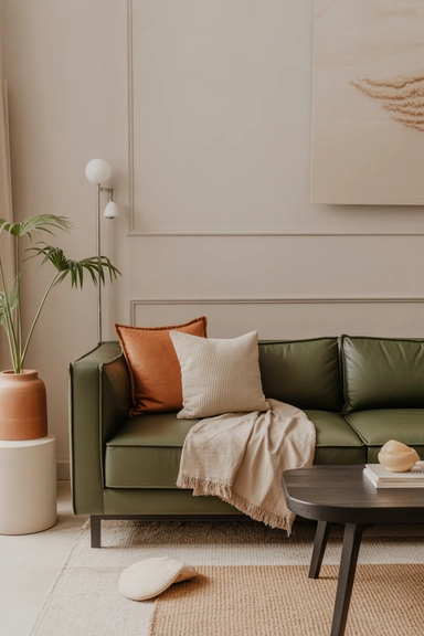stylish living room featuring a green couch